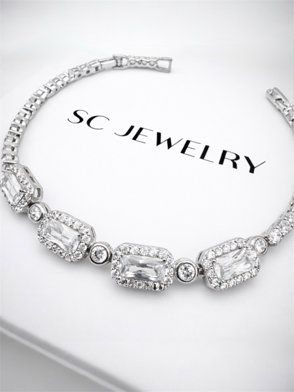 Four Baguette Tennis Bracelet with Crystal Accents | Platinum Plated Jewelry